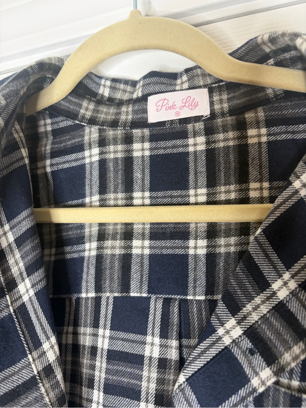 Pink Lily Navy and Cream Plaid Button-Front Shirt Dress with Waist Tie size smal - Picture 3 of 6